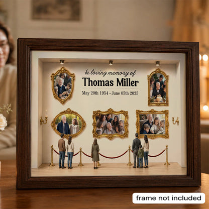Custom loss of loved one memorial canvas showing family photos inside an art gallery setup. image 6