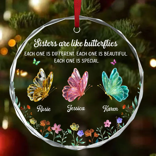 Personalized sister glass ornament featuring colorful butterflies and custom names for Christmas gift