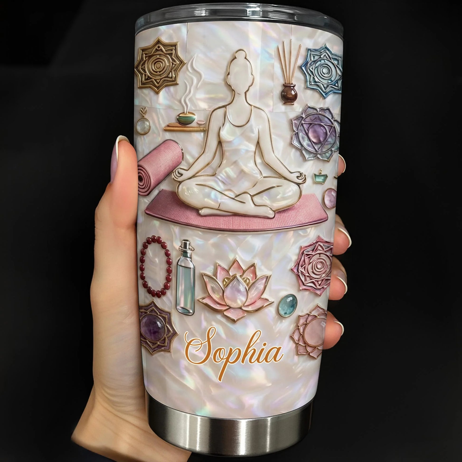 Personalized yoga meditation tumbler with custom name Sophia, faux 3D lotus flower, and mother of pearl design.