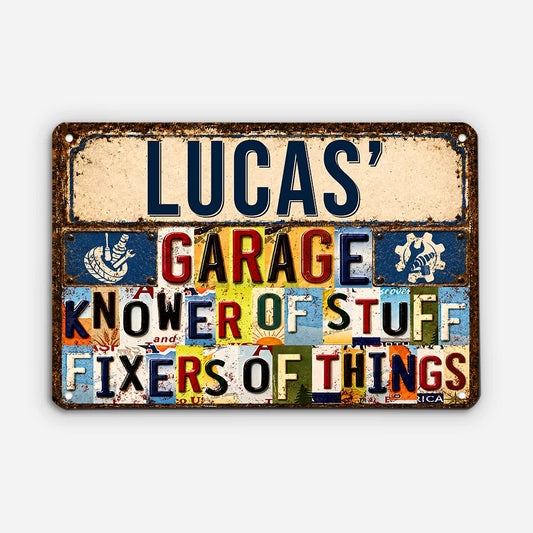 "Knower Of Stuff Fixer Of Things" Custom Metal Garage Sign - Personalized Gift for Him