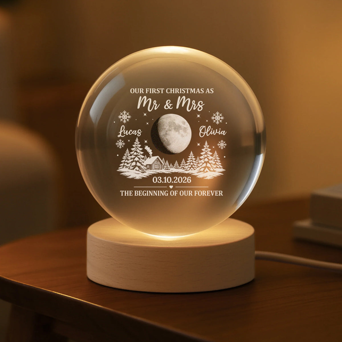 "Our First Christmas as Mr & Mrs" Personalized Crystal Ball Lamp - Custom Wedding Gift for Couples