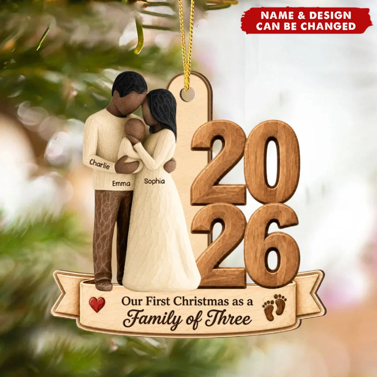 Our First Christmas as a Family of Three - Personalized Wooden Ornament for New Parents