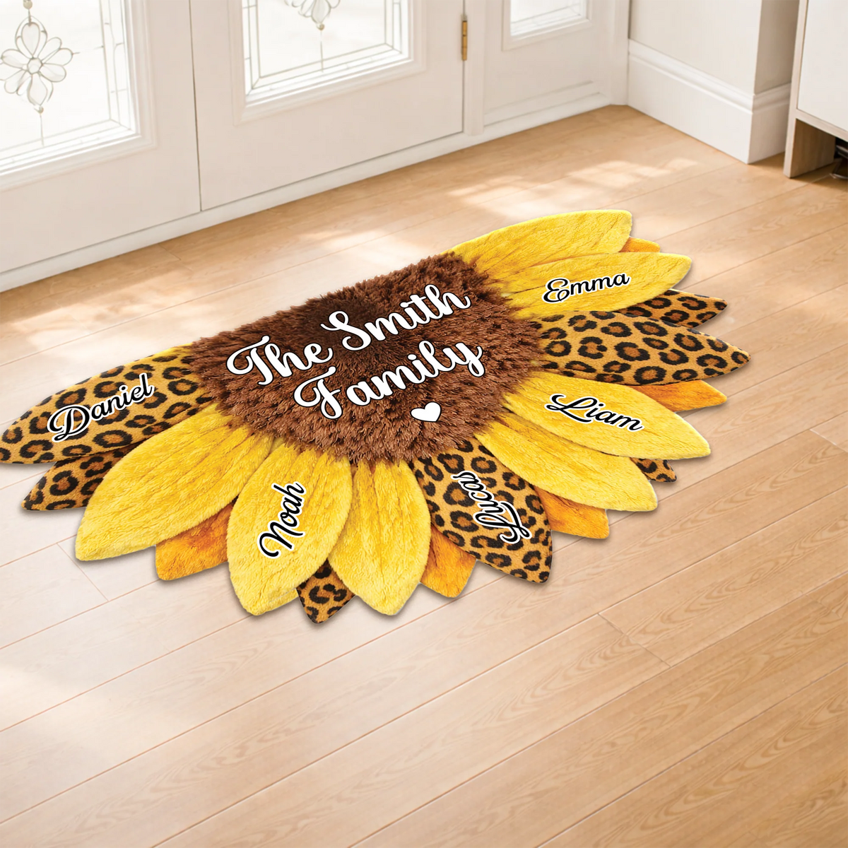 Custom Half Sunflower Shaped Doormat - Personalized Family Name Mat for New Home