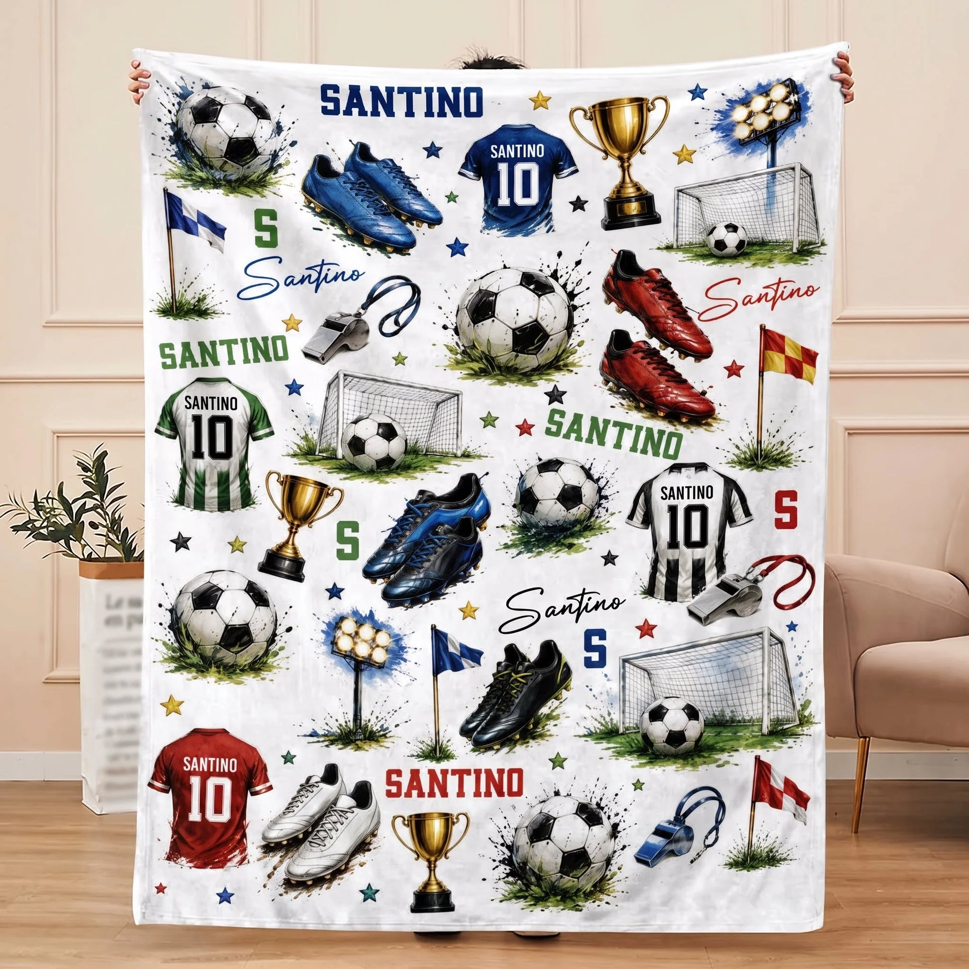 Personalized soccer blanket featuring custom name Santino, jersey number 10, soccer balls, and trophies