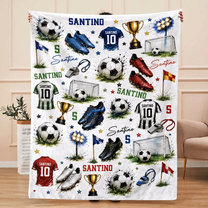 Personalized soccer blanket featuring custom name Santino, jersey number 10, soccer balls, and trophies