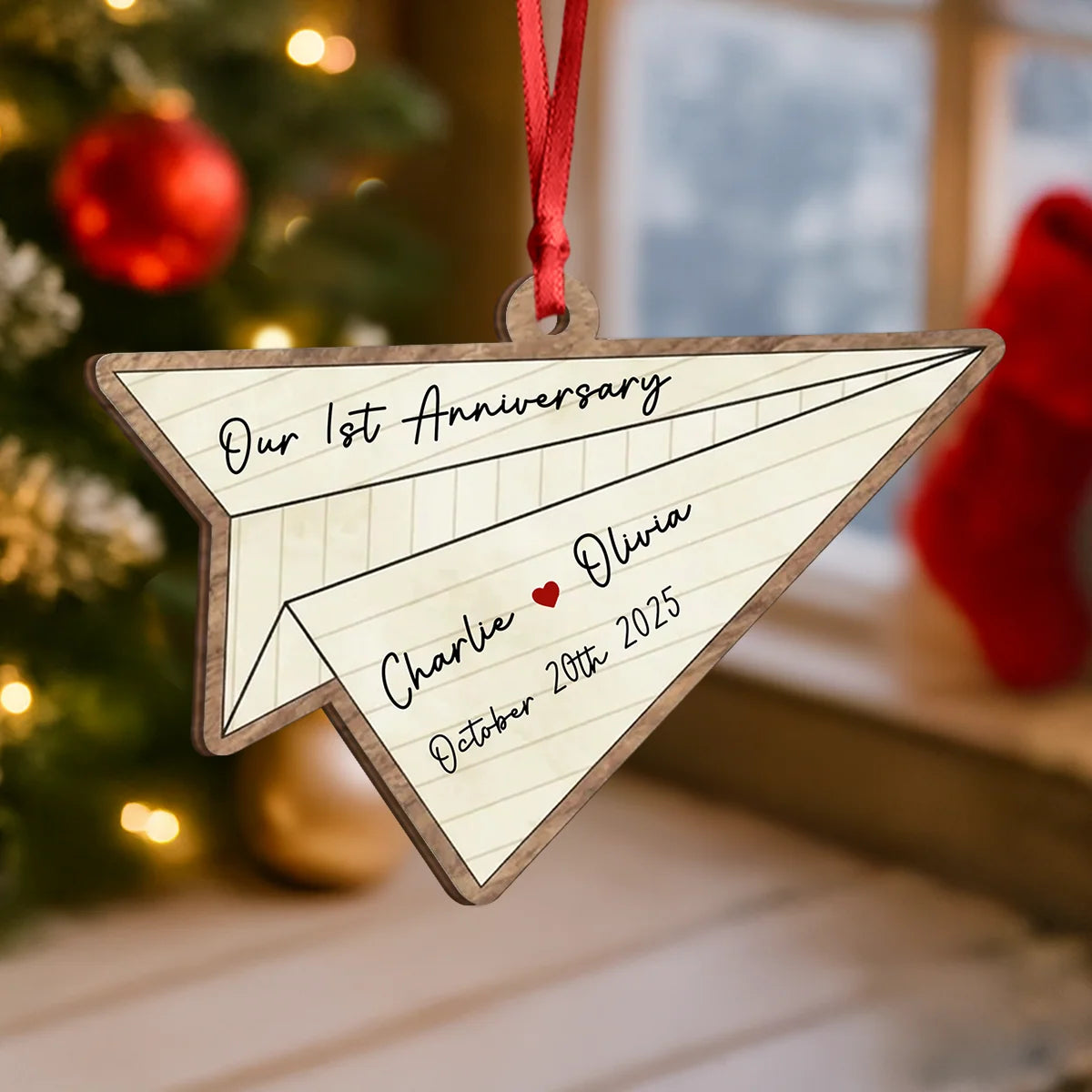 "Our Anniversary" Personalized Paper Airplane Wooden Ornament - Custom Couples Gift