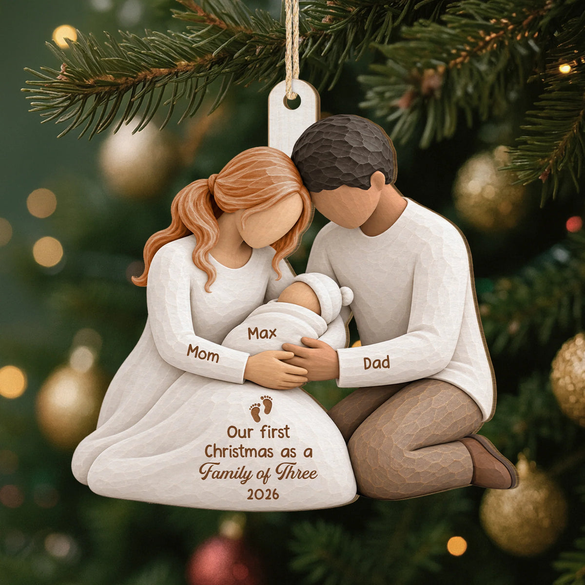 Our First Christmas as a Family of Three - Personalized Wooden Ornament for New Parents