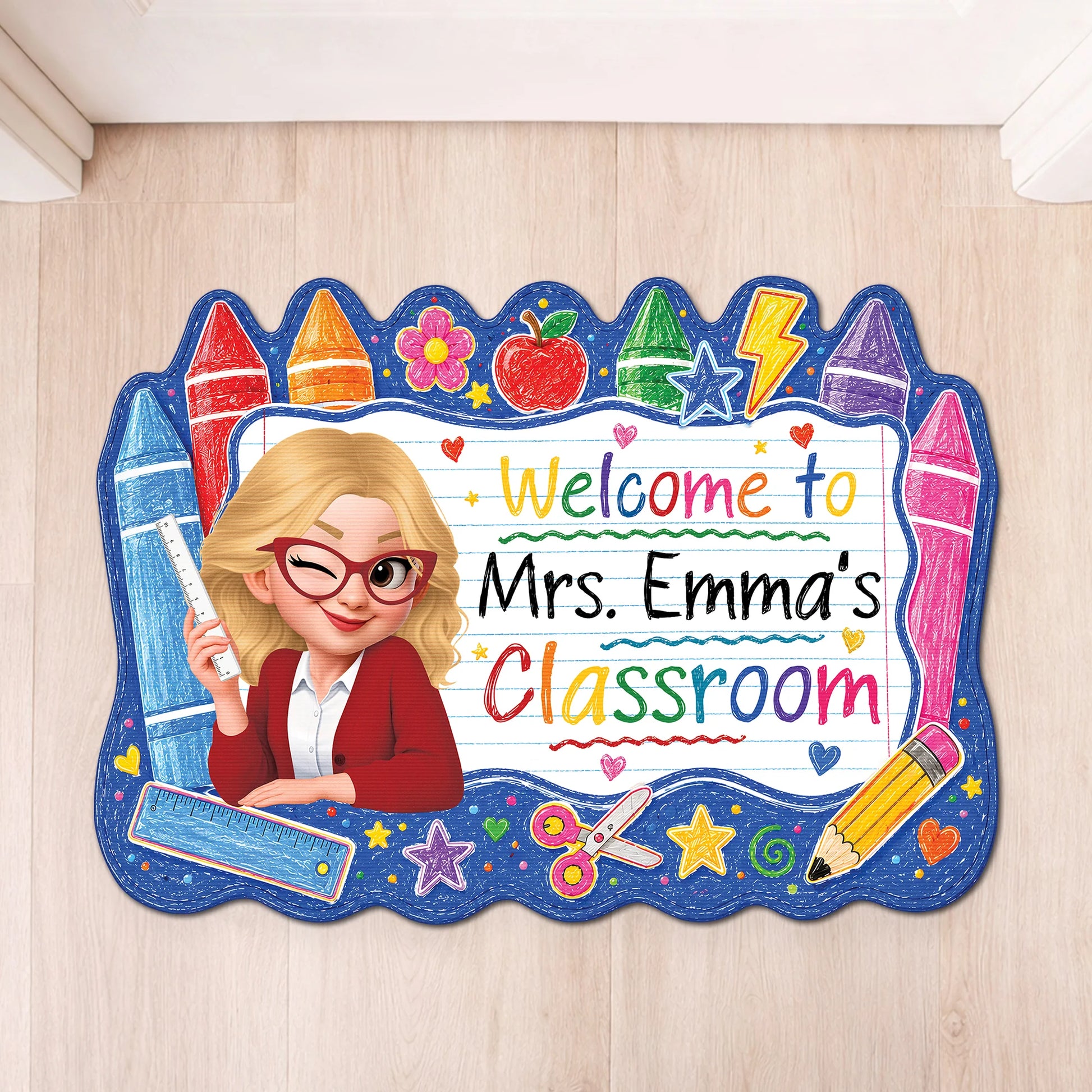 Personalized teacher doormat with custom name reading Welcome to Classroom for teacher appreciation gift