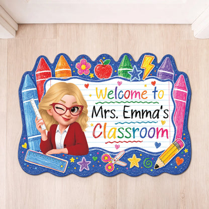 Personalized teacher doormat with custom name reading Welcome to Classroom for teacher appreciation gift