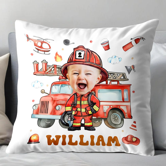 Personalized Firefighter Photo Pillow - Custom Little Heroes Name Throw Pillow Gift for Boys Kids Bedroom Decor