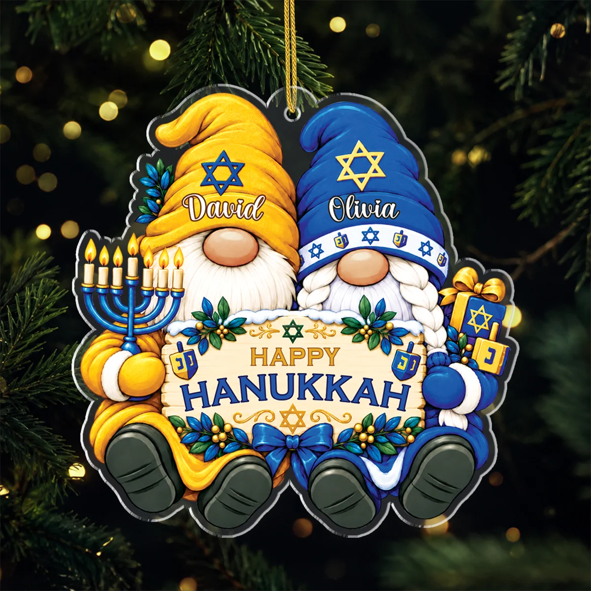 Happy Hanukkah Personalized Gnome Acrylic Ornament - Custom Holiday Keepsake Gift for Couples