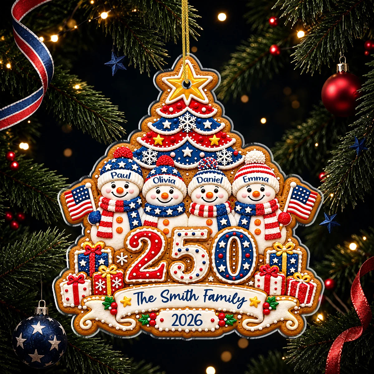 America 250 Patriotic Snowman Personalized Family Christmas Ornament - Custom 2026 Acrylic Holiday Keepsake