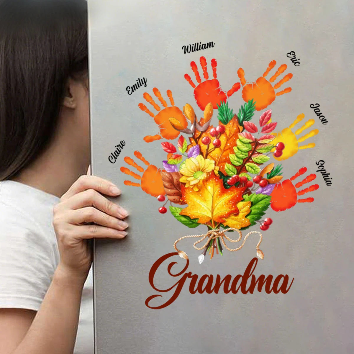 Grandma Personalized Fall Handprint Decal - Custom Grandkids Names Sticker Gift