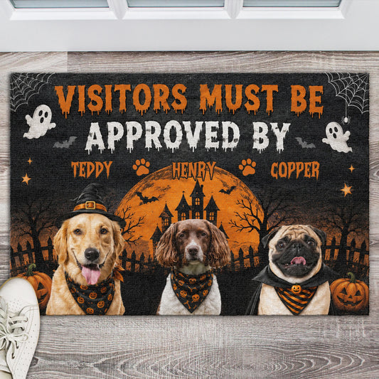 Custom dog Halloween doormat featuring personalized pet photos and spooky quote for dog lovers porch decor