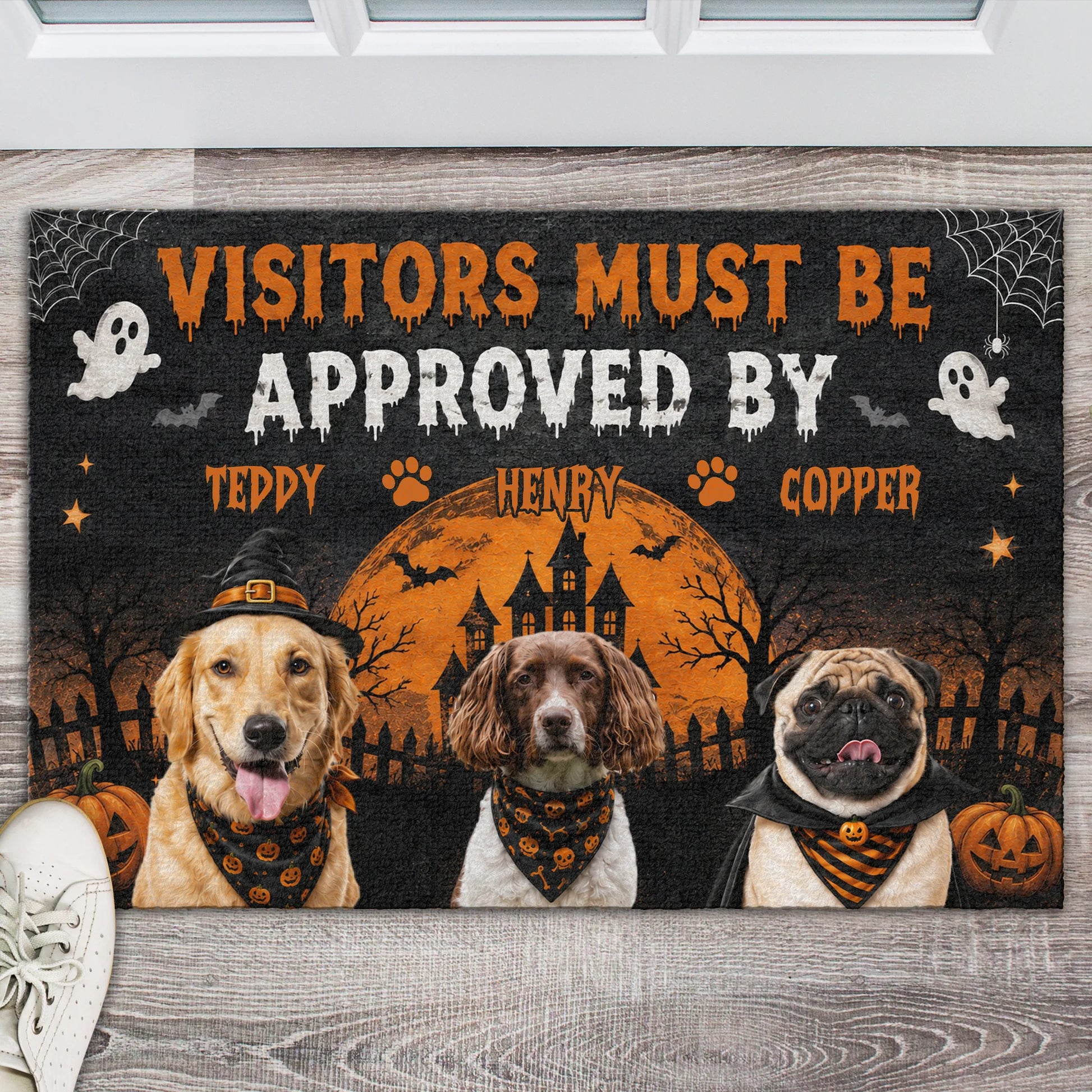 Custom dog Halloween doormat featuring personalized pet photos and spooky quote for dog lovers porch decor