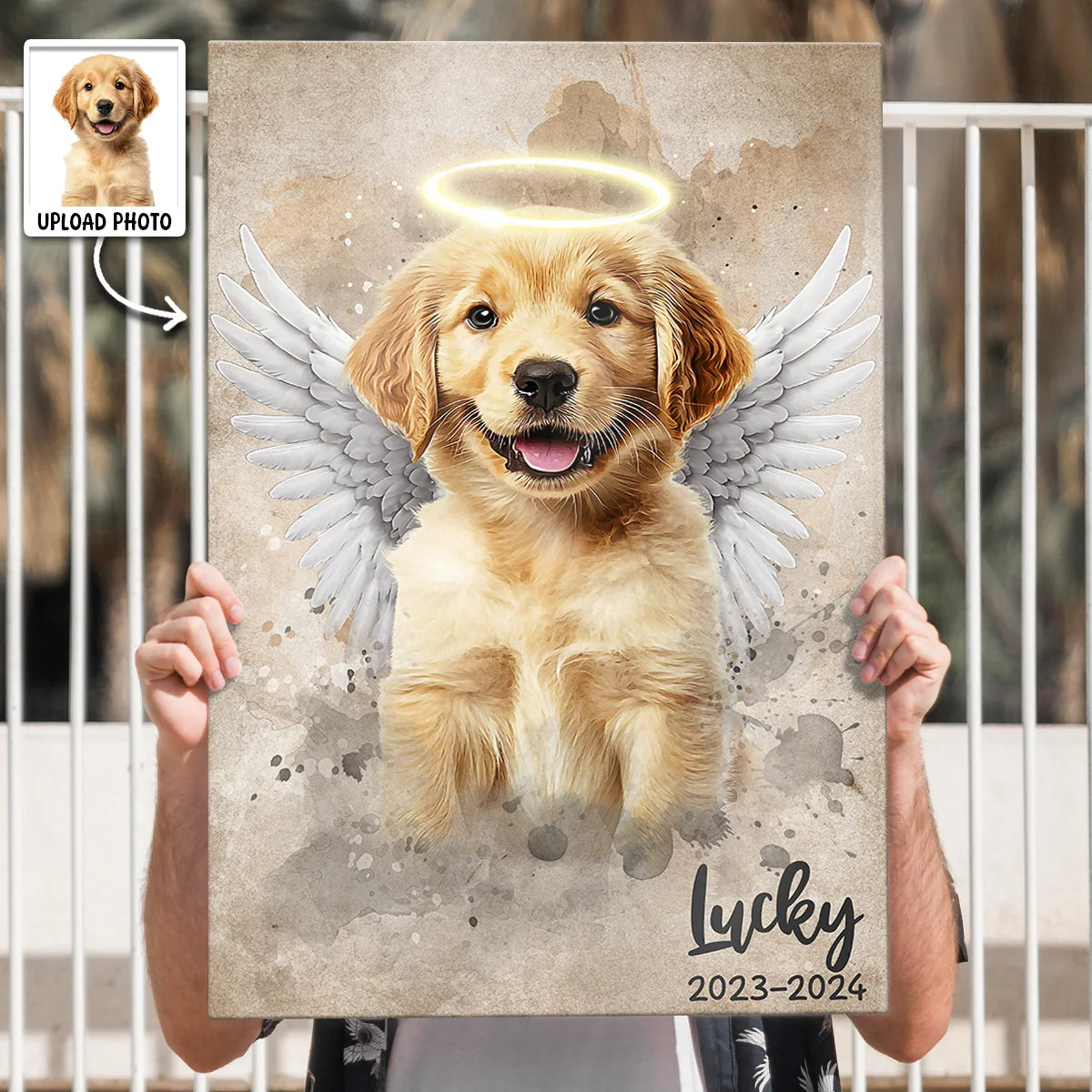 Custom Photo Pet Angel With Halo Wings - Personalized Dog & Cat Memorial Canvas / Poster