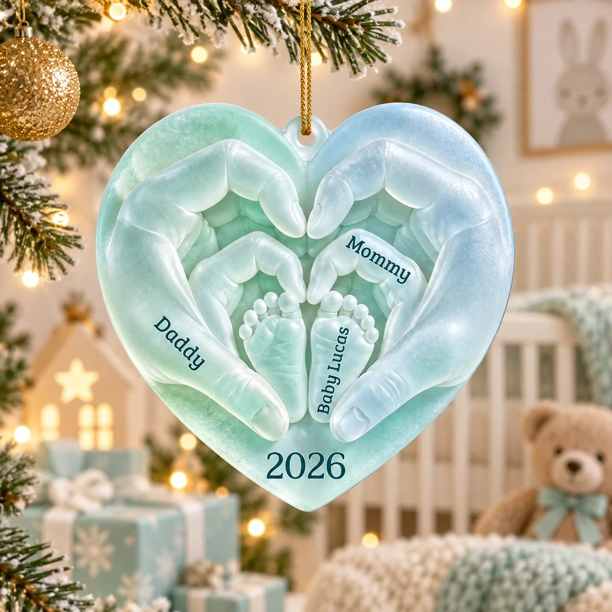 Daddy Mommy Baby Hands Heart - Personalized Acrylic Christmas Ornament for New Parents