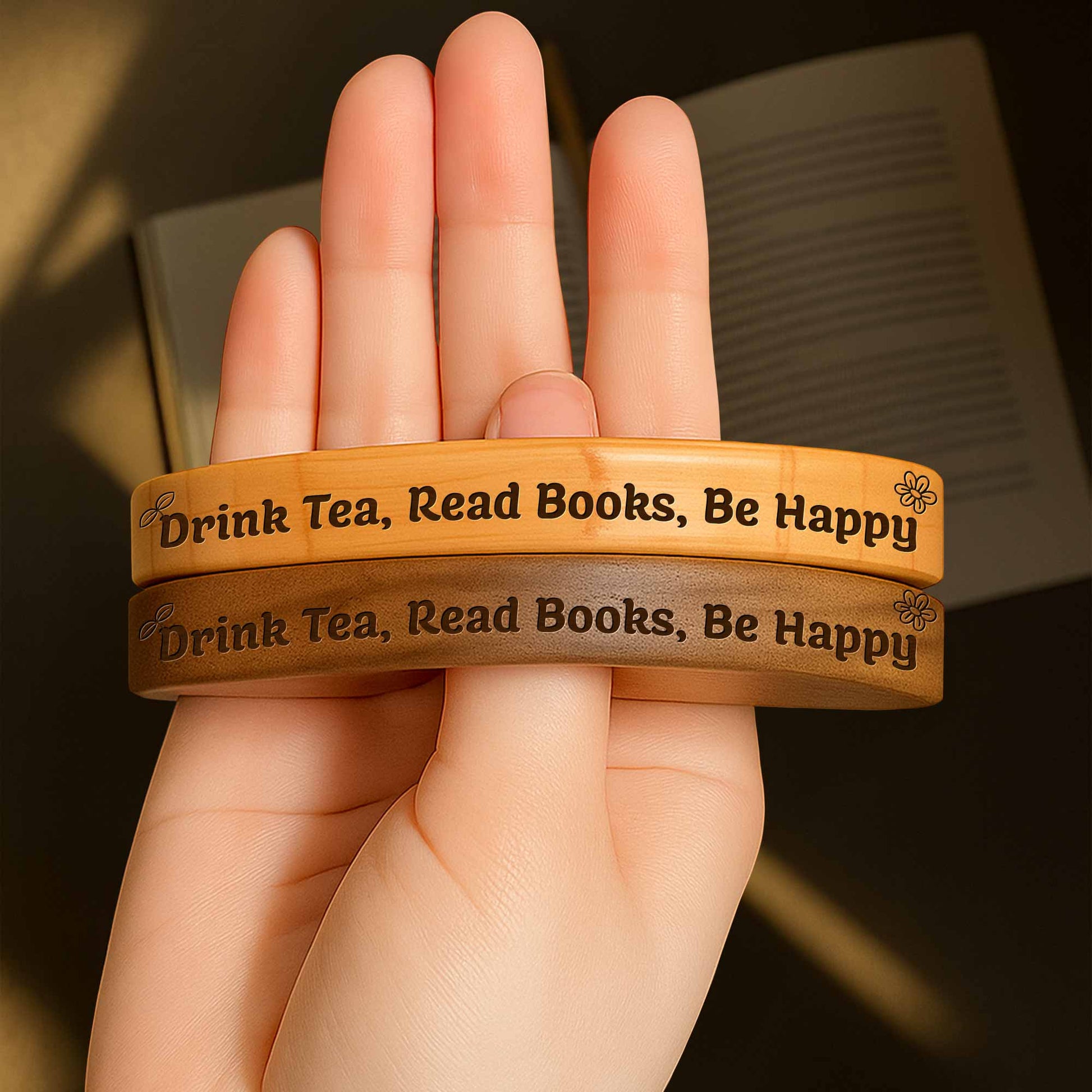 Personalized wooden book page holder engraved with name and Drink Wine Read Books Be Happy quote for readers image 6