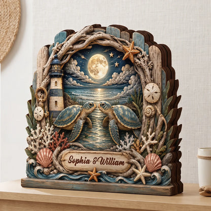 Turtley In Love Personalized Sea Turtle Wooden Block - Custom Gift for Couples Anniversary