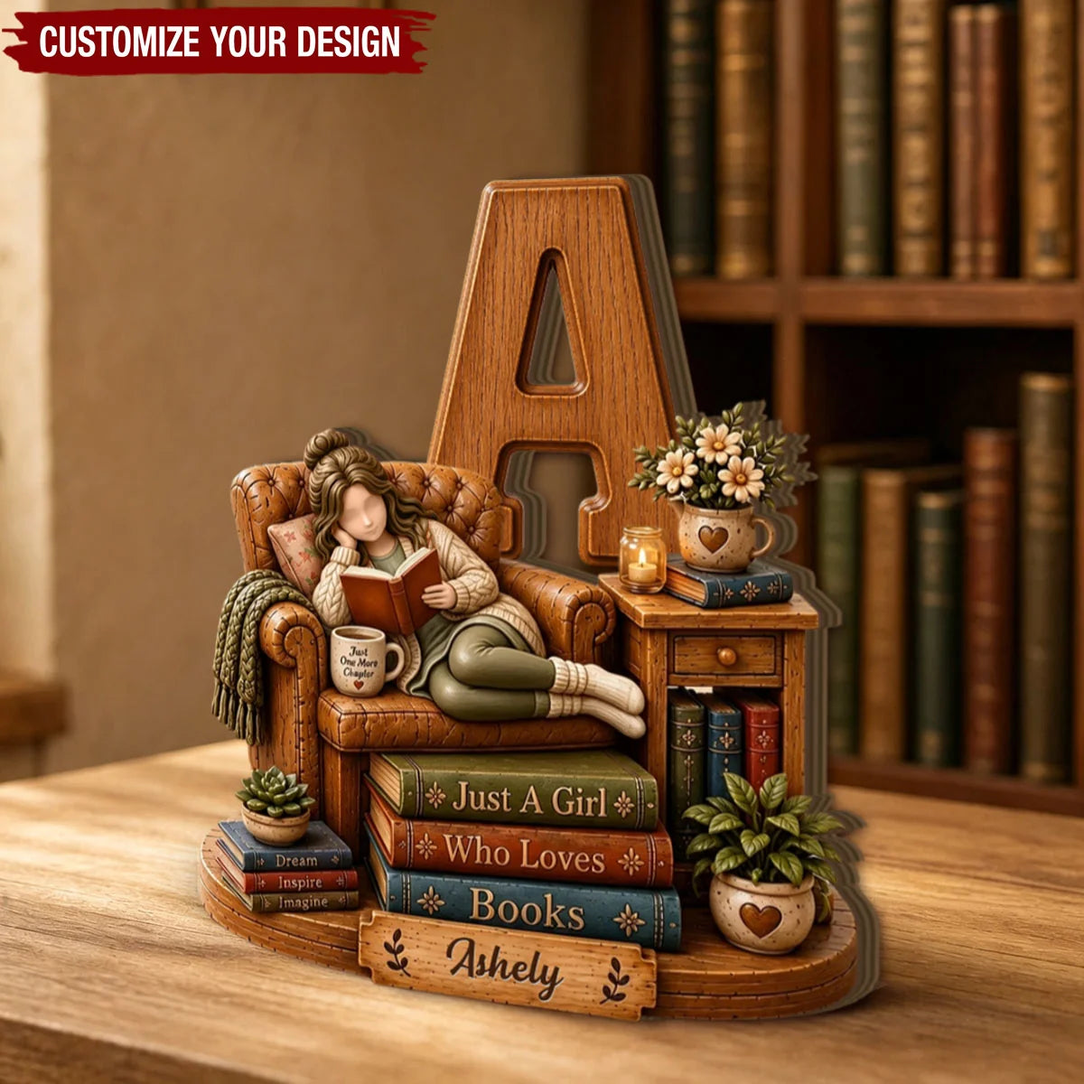 "Just A Girl Who Loves Books" Personalized Wooden Block - Custom Name & Monogram Gift for Book Lovers