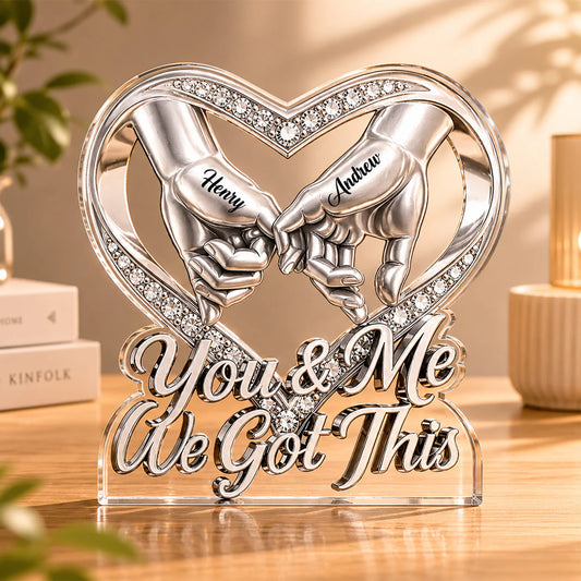Custom couples acrylic plaque with holding hands design and personalized names for romantic anniversary gifts