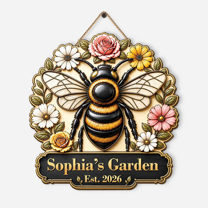 Personalized Bee and Flowers Garden Wood Sign - Custom Name Outdoor Gifts for Gardeners