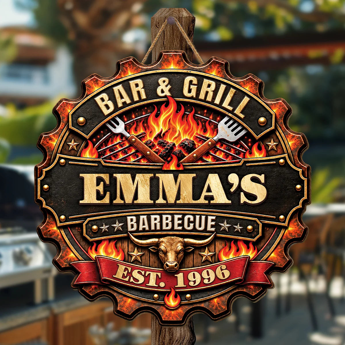 Bar & Grill Barbecue Personalized Wood Sign - Custom Backyard BBQ Gift for Him