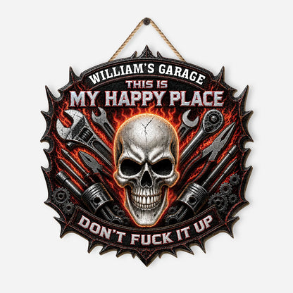 This Is My Happy Place Personalized Skull Wood Garage Sign - Custom Gift for Dad Grandpa