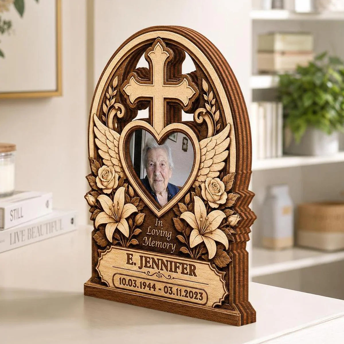 "In Loving Memory" Personalized Memorial Wooden Block - Custom Photo Cross Gift for Family