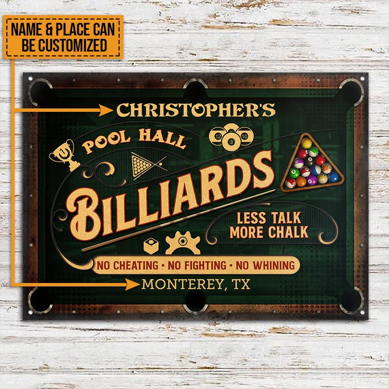 "Less Talk More Chalk" Personalized Billiards Pool Hall Metal Sign - Custom Game Room Decor
