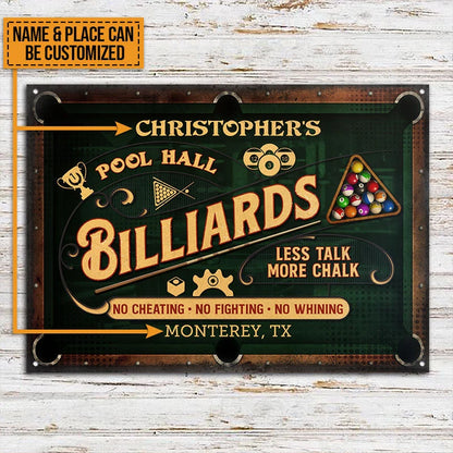 "Less Talk More Chalk" Personalized Billiards Pool Hall Metal Sign - Custom Game Room Decor