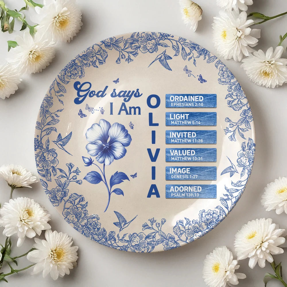 "God Says I Am" Personalized Decorative Ceramic Plate - Custom Christian Gift