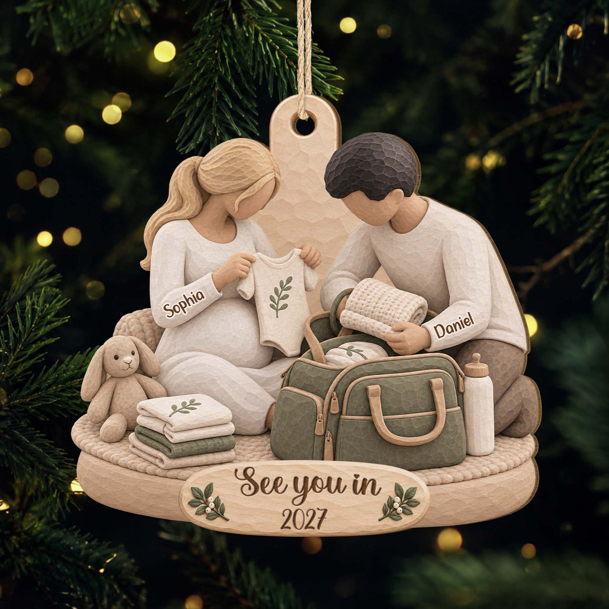 See You In 2027 Personalized Baby Bump Wooden Ornament - Keepsake for Expecting Parents