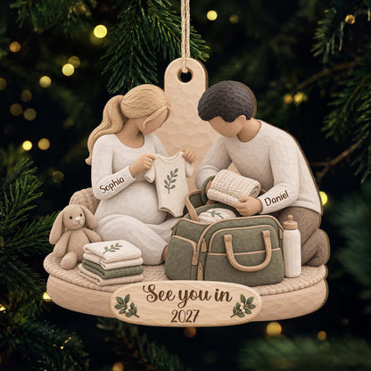 See You In 2027 Personalized Baby Bump Wooden Ornament - Keepsake for Expecting Parents