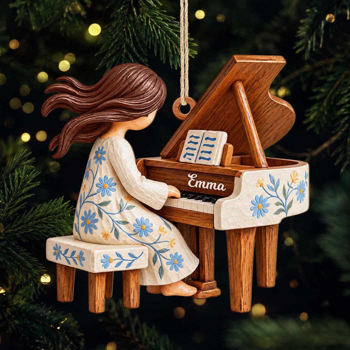 Floral Grand Piano Girl Personalized Wooden Ornament - Christmas Keepsake Gift for Pianist Music Teacher
