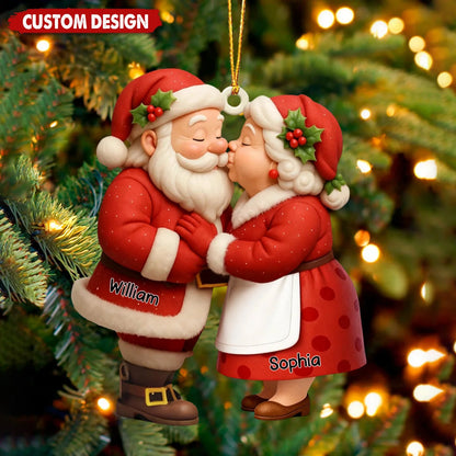 Kissing Santa Couple Personalized Wooden Ornament - Custom Christmas Keepsake Gift