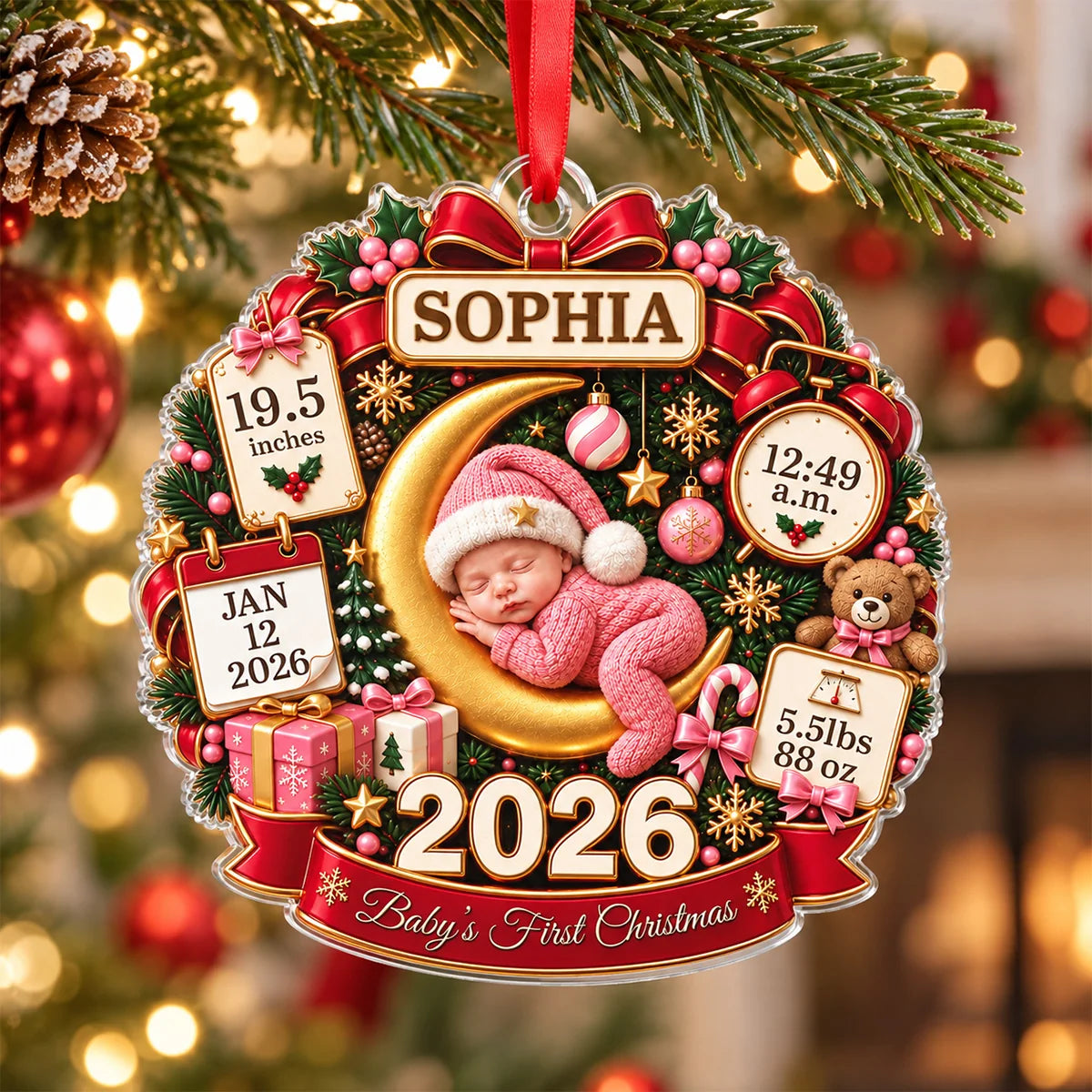 "Baby's First Christmas" Newborn Birth Stats Personalized Acrylic Ornament - Custom Gift for New Parents