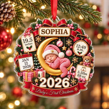 "Baby's First Christmas" Newborn Birth Stats Personalized Acrylic Ornament - Custom Gift for New Parents