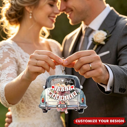 "Just Married" Personalized Wedding Car Ornament - Custom Acrylic Keepsake for Couples