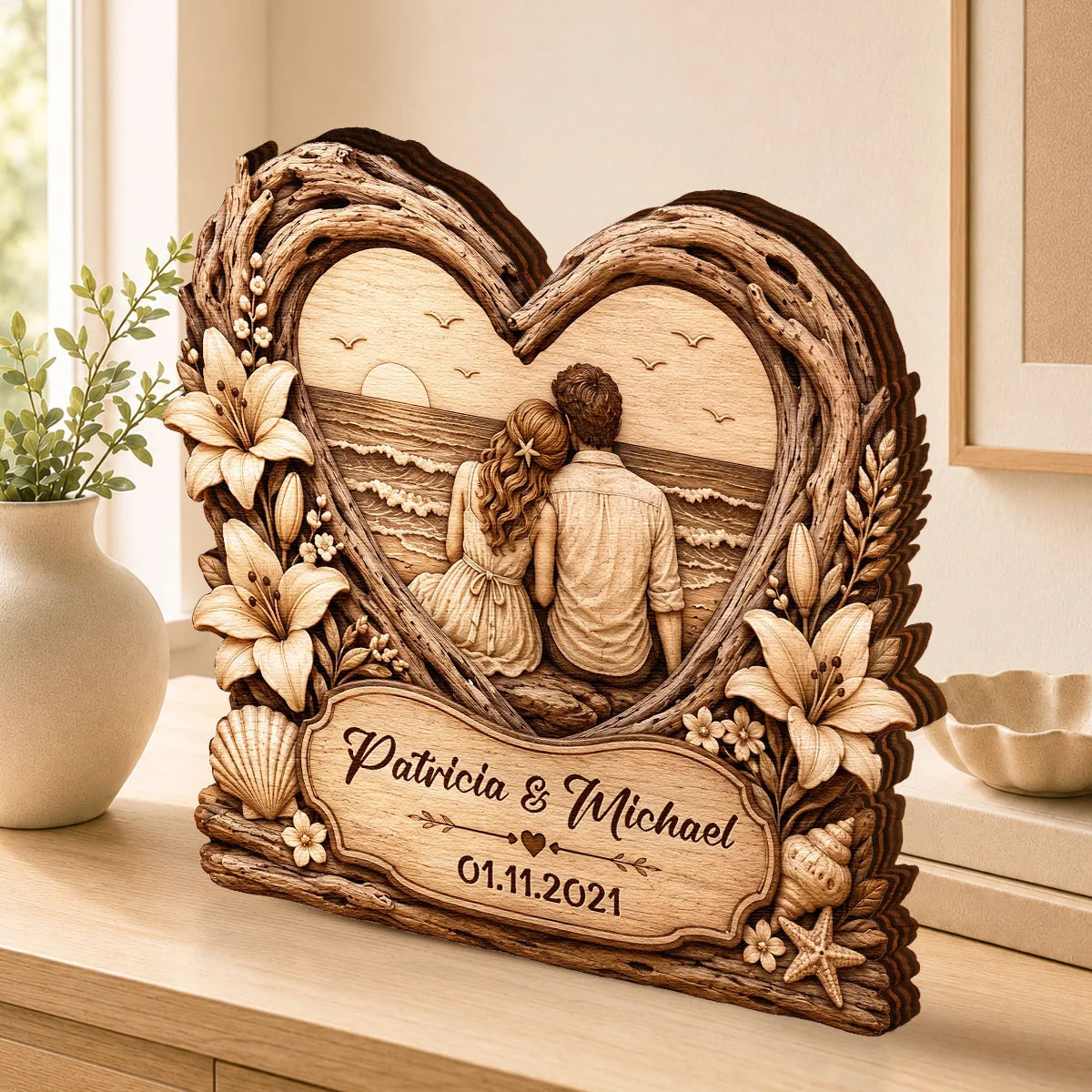 Beach Sunset Couple Heart Personalized Wooden Block - Keepsake Gift for Wife or Husband