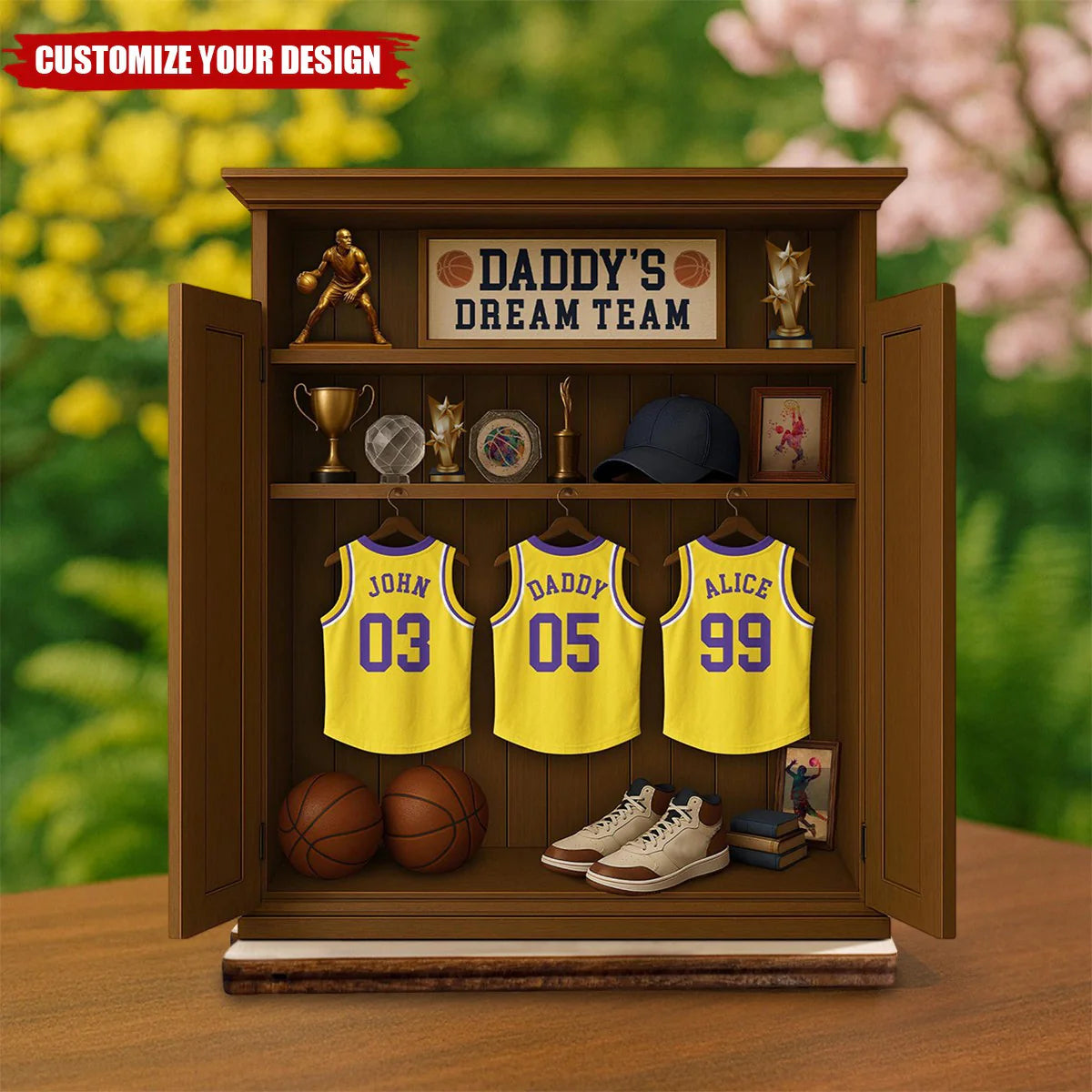 Personalized sports dad wooden plaque featuring basketball jersey design for Father's Day gift image 7