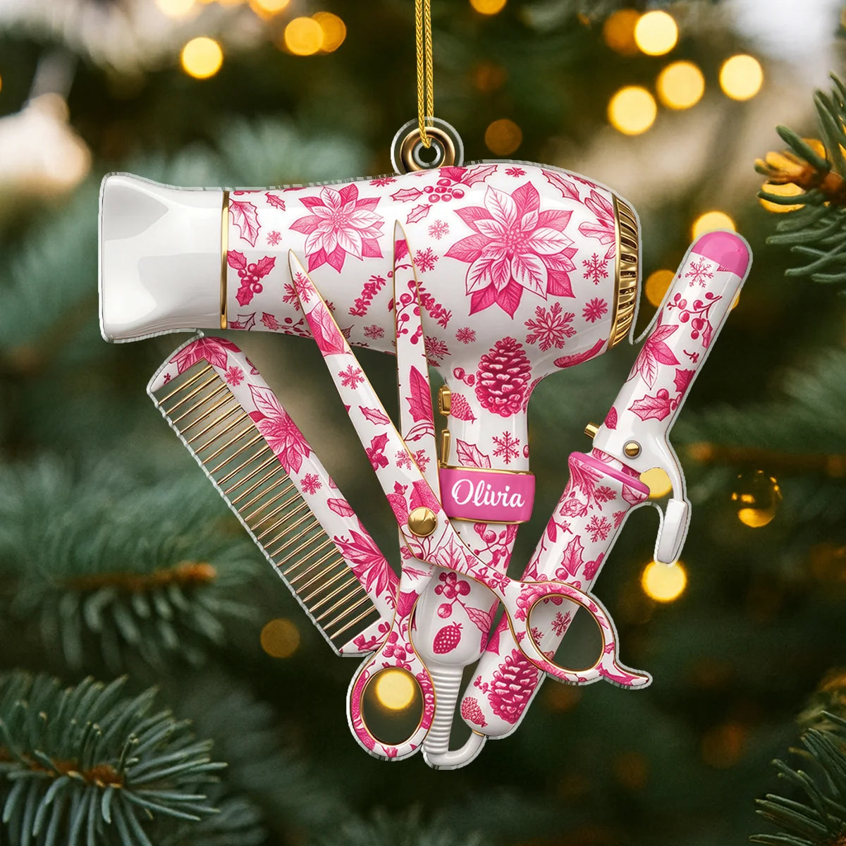 Floral Hair Stylist Tools Personalized Acrylic Ornament - Christmas Gift for Hairstylists