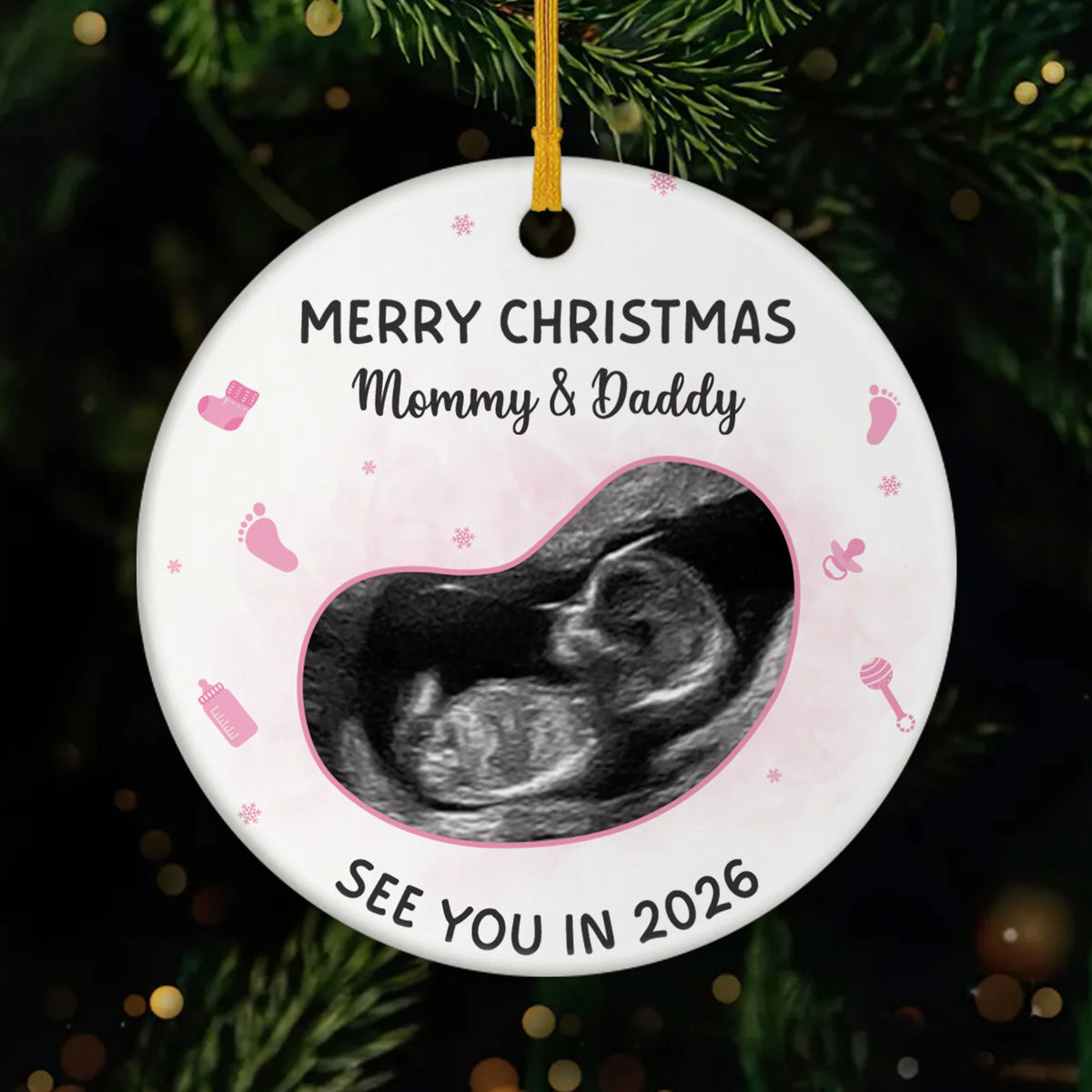 "Merry Christmas Mommy & Daddy" Custom Baby Ultrasound Ceramic Ornament - Custom Gift for Expecting Parents
