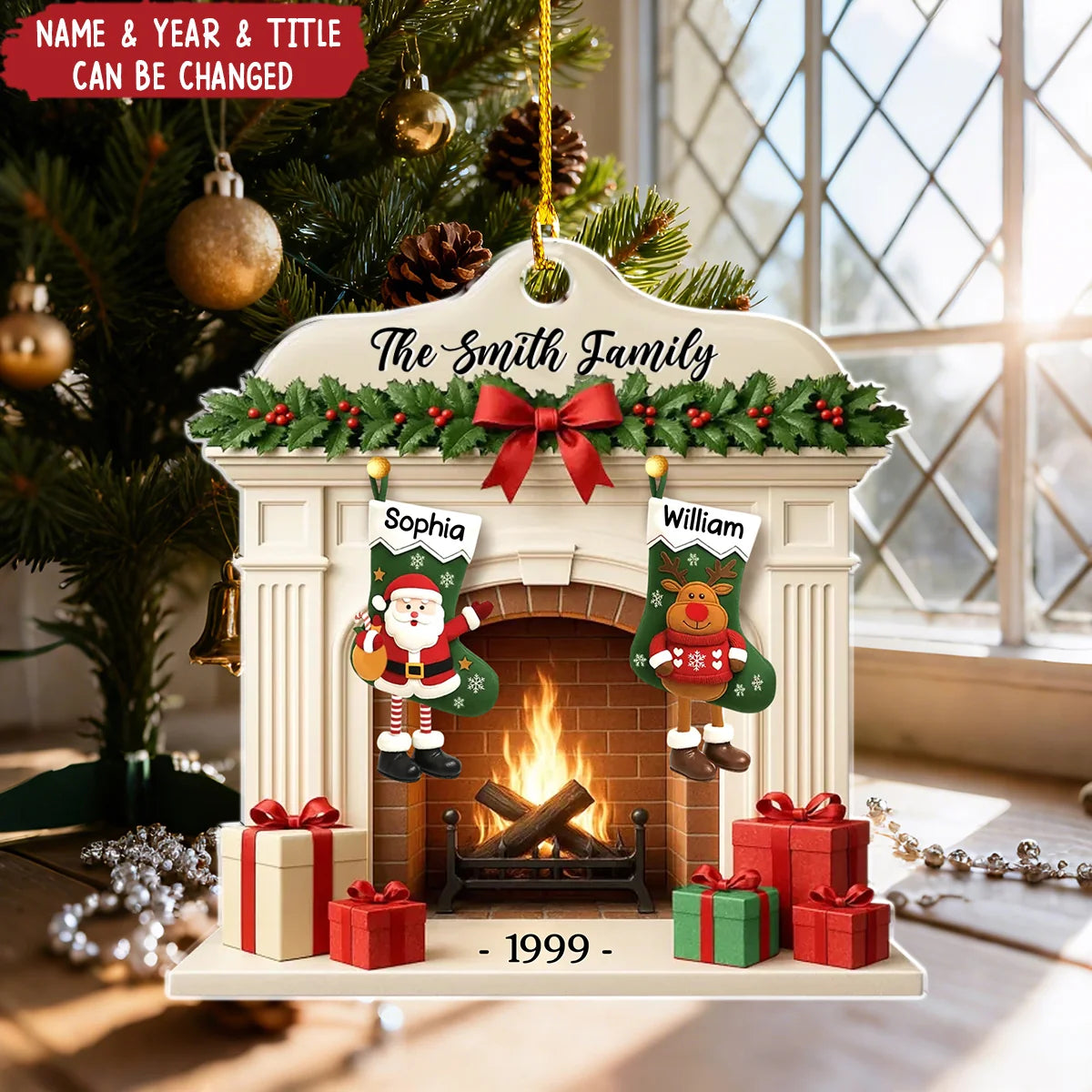 Fireplace Stockings Ornament with Custom Names - Personalized Family Christmas Acrylic Ornament, Family Keepsake