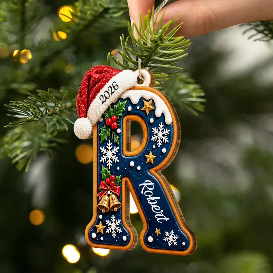 Santa Hat Initial Letter Personalized Wooden Christmas Ornament - Custom Monogram Tree Keepsake for Family