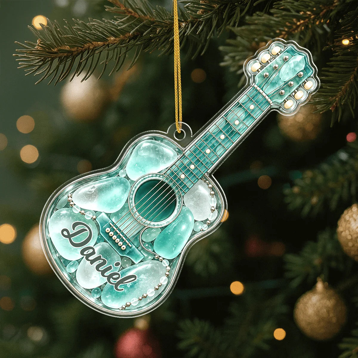 Custom Sea Glass Guitar Acrylic Ornament - Personalized Music Lover Keepsake Gift