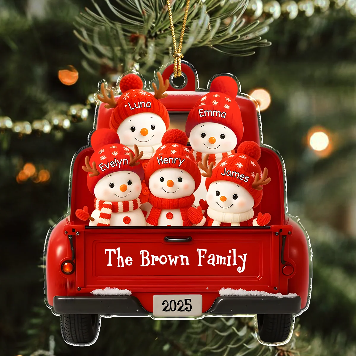 Personalized Snowman Family Red Truck Ornament - Custom Christmas Acrylic Keepsake for Family