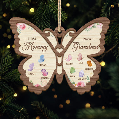 "First Mommy Now Grandma" Personalized Wooden Ornament - Custom Grandkids Butterfly Keepsake Gift