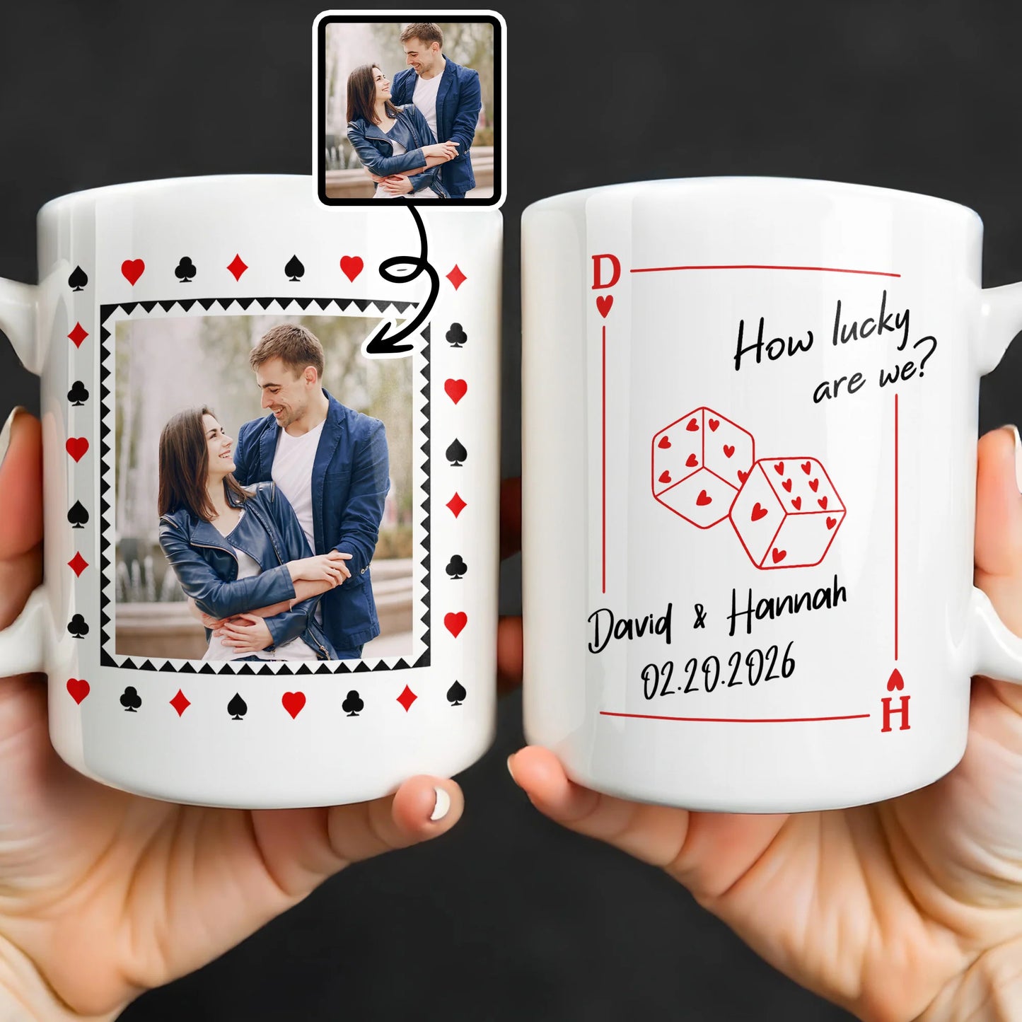 Custom Playing Card Photo Mug for Couples with personalized design details for meaningful gifting
