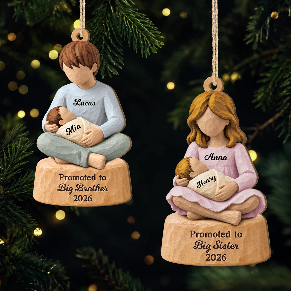 Promoted to Big Brother or Sister Personalized Wooden Ornament - Keepsake Gift for Kids